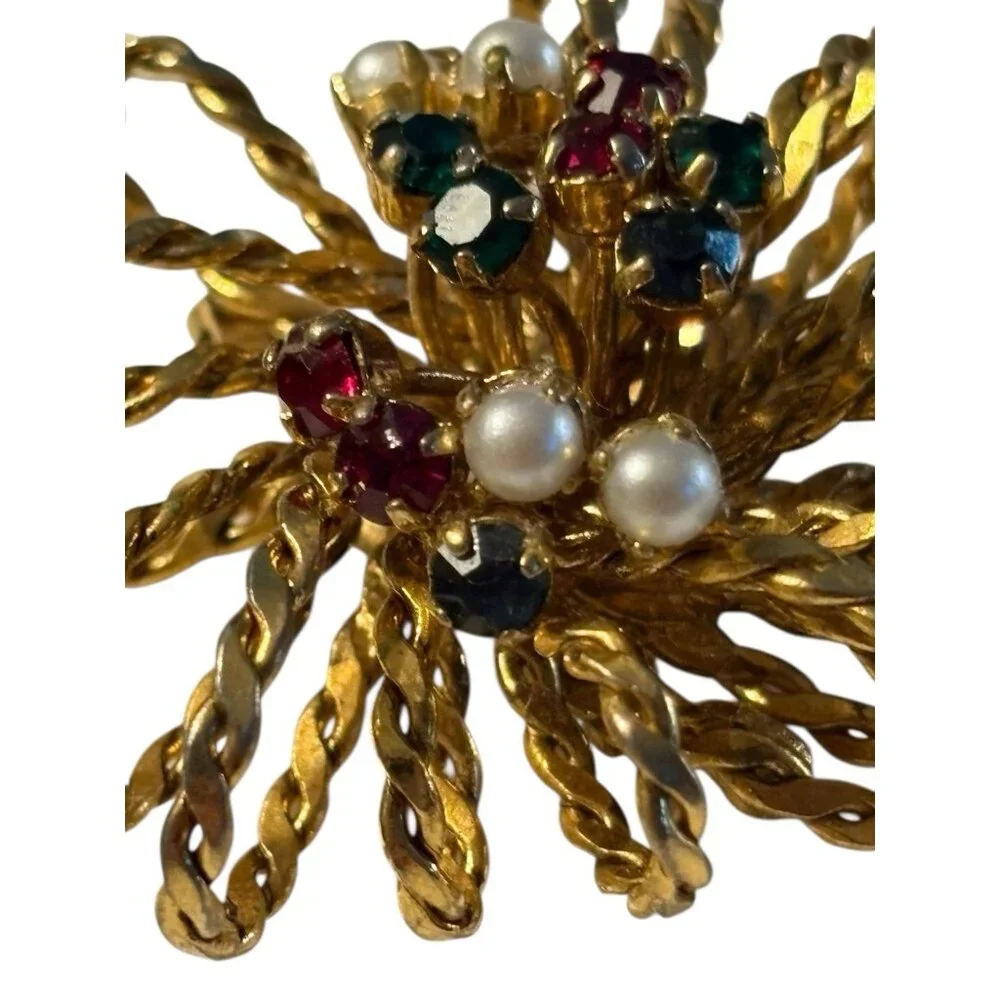 Austria 3D Rope Brooch Pin Starburst Fireworks‎ Atomic Rhinestone Faux Pearl VTG